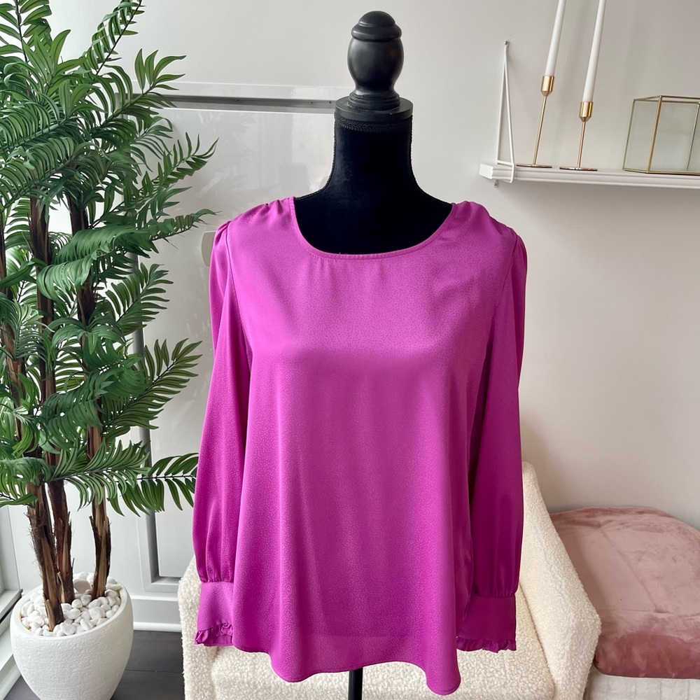 Adrianna Papell Purple Ruffle Satin Long Sleeve Blouse Size Medium